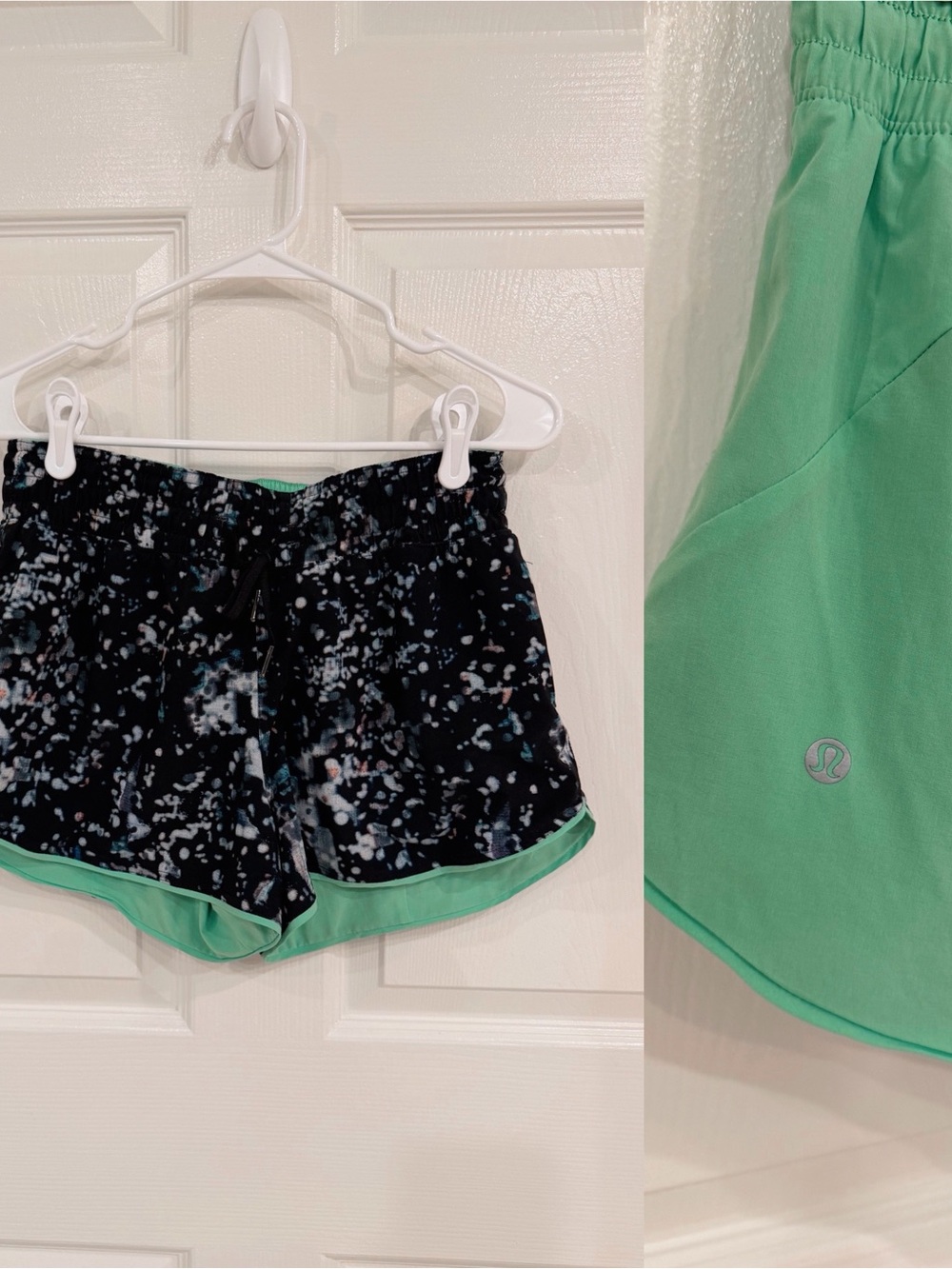 LULULEMON | Reversible Black Speckle & Mint Run Shorts Size 6